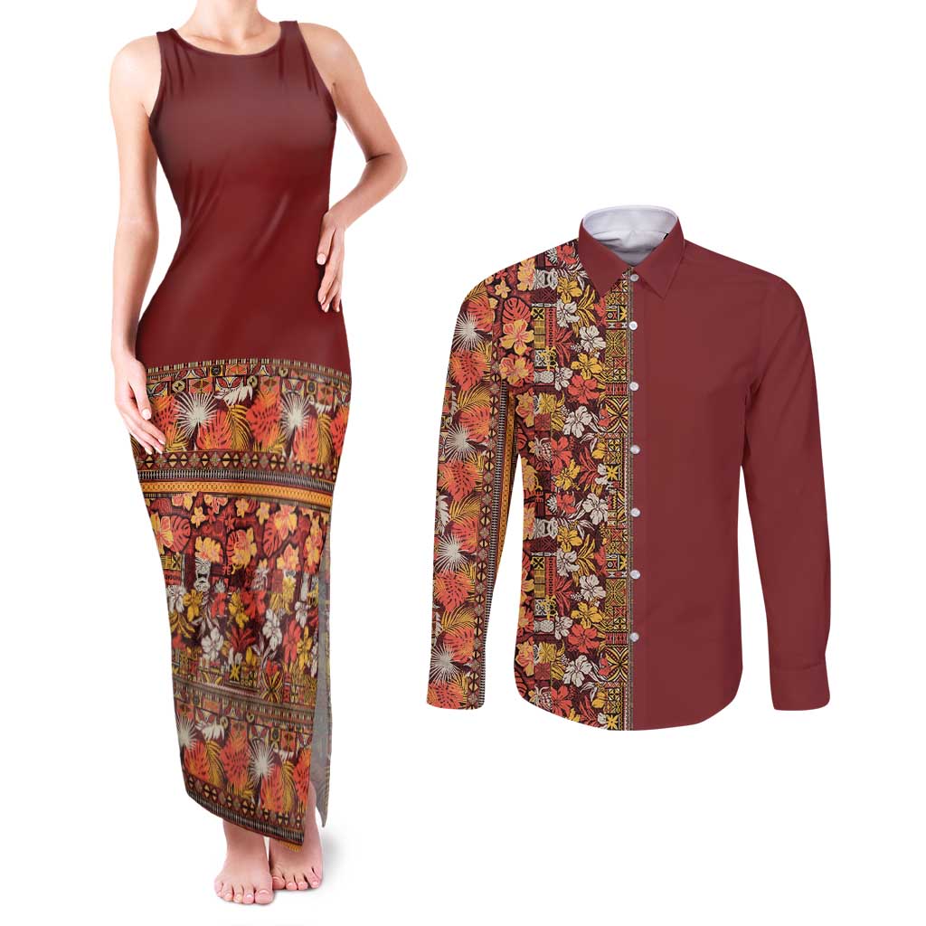 Hawaiian Tribal Elements Hibiscus Couples Matching Tank Maxi Dress and Long Sleeve Button Shirt Red Pattern - Polynesian Pride
