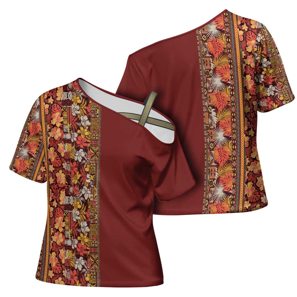 Hawaiian Tribal Elements Hibiscus Cross Shoulder Shirt Red Pattern - Polynesian Pride