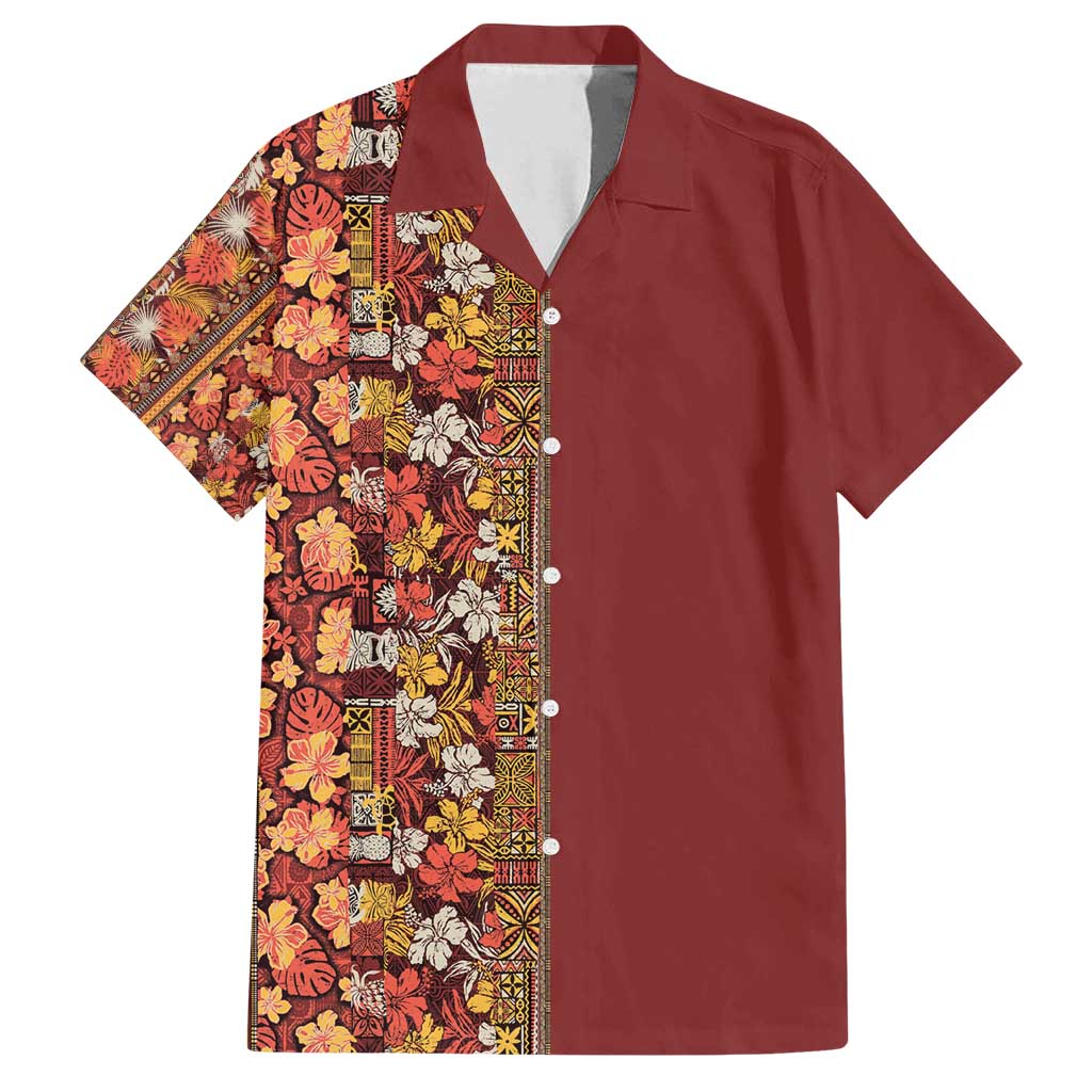 Hawaiian Tribal Elements Hibiscus Family Matching Long Sleeve Bodycon Dress and Hawaiian Shirt Red Pattern - Polynesian Pride