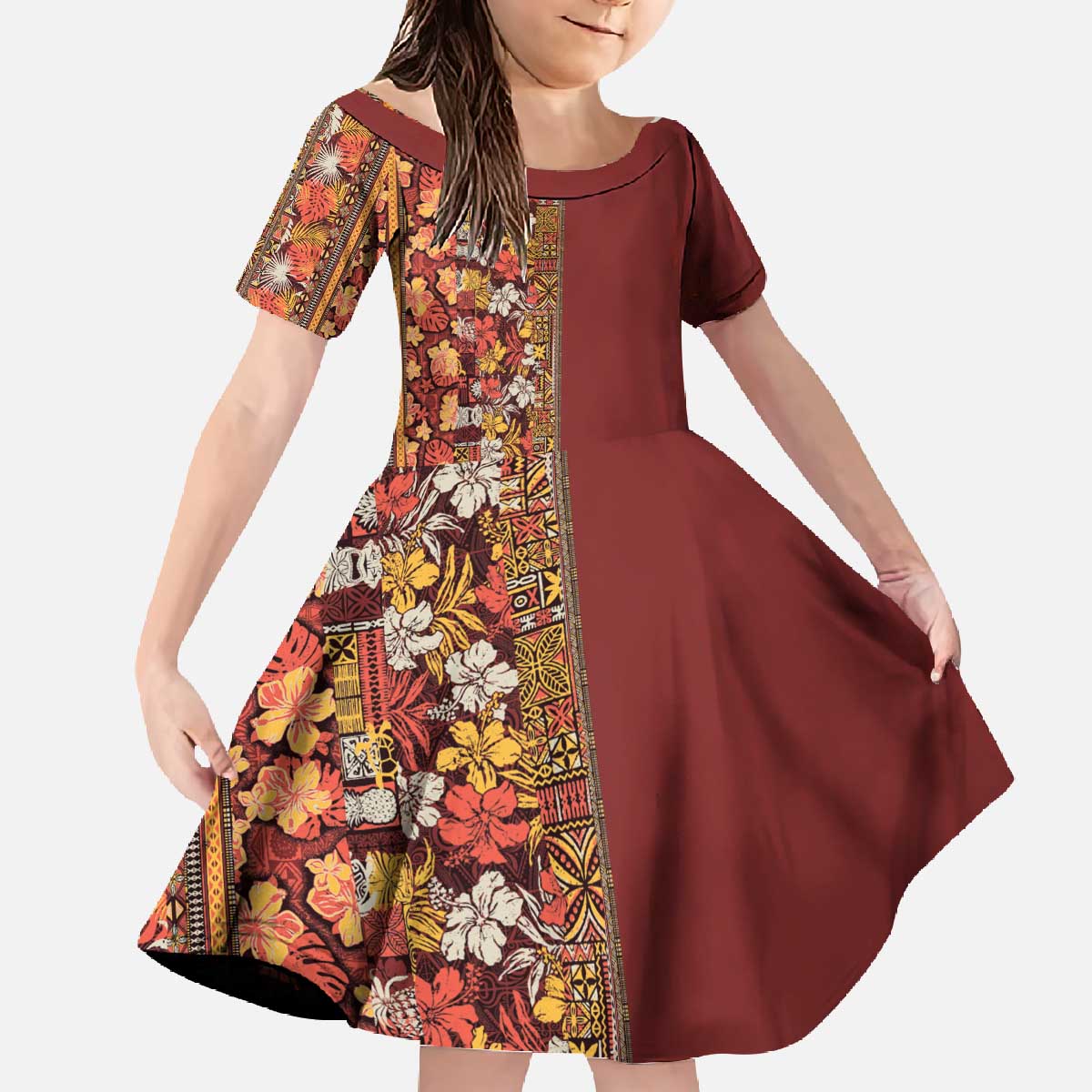 Hawaiian Tribal Elements Hibiscus Family Matching Off The Shoulder Long Sleeve Dress and Hawaiian Shirt Red Pattern - Polynesian Pride