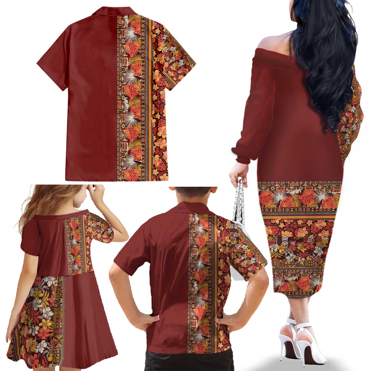 Hawaiian Tribal Elements Hibiscus Family Matching Off The Shoulder Long Sleeve Dress and Hawaiian Shirt Red Pattern - Polynesian Pride