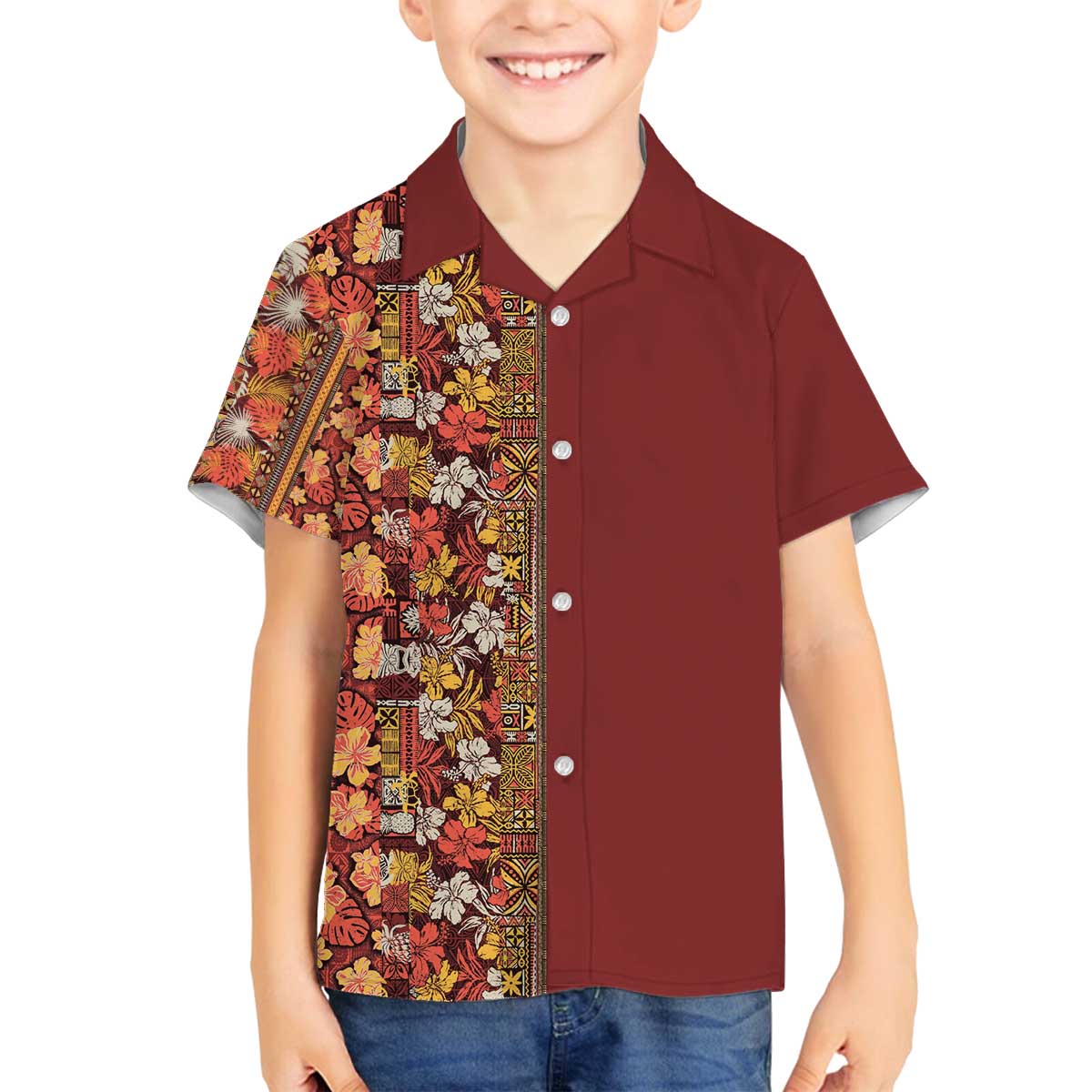 Hawaiian Tribal Elements Hibiscus Family Matching Off The Shoulder Long Sleeve Dress and Hawaiian Shirt Red Pattern - Polynesian Pride