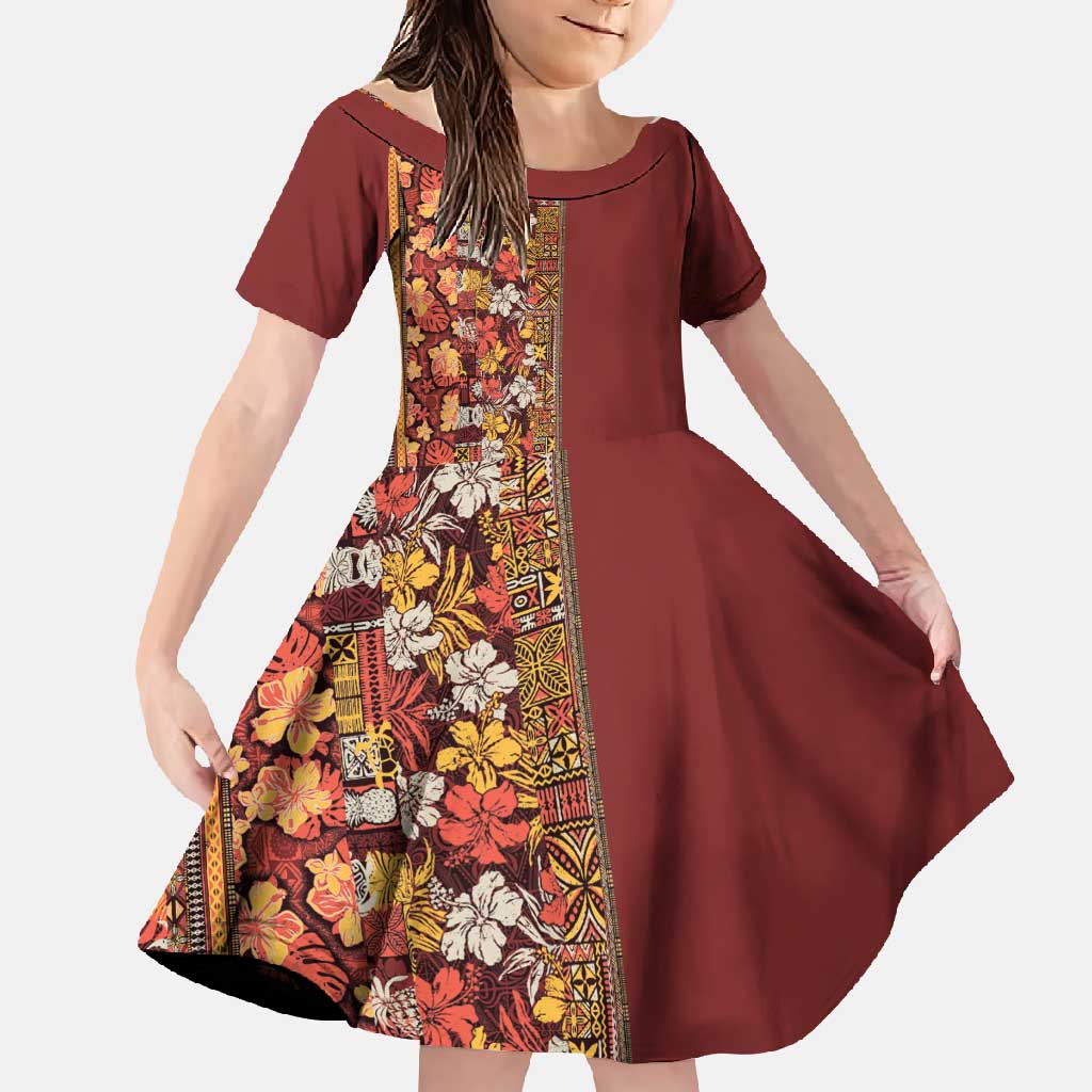 Hawaiian Tribal Elements Hibiscus Family Matching Off Shoulder Maxi Dress and Hawaiian Shirt Red Pattern - Polynesian Pride