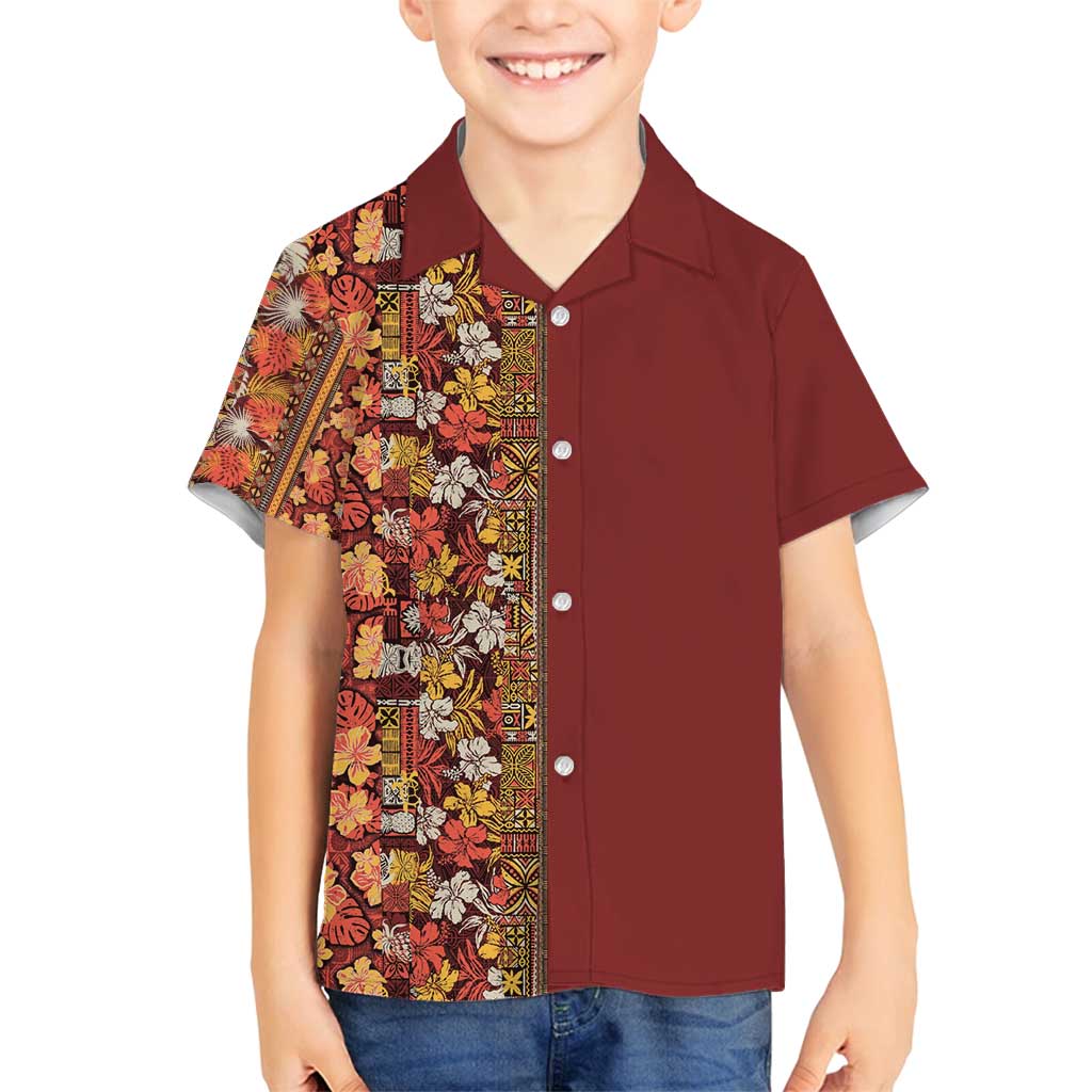 Hawaiian Tribal Elements Hibiscus Family Matching Off Shoulder Maxi Dress and Hawaiian Shirt Red Pattern - Polynesian Pride