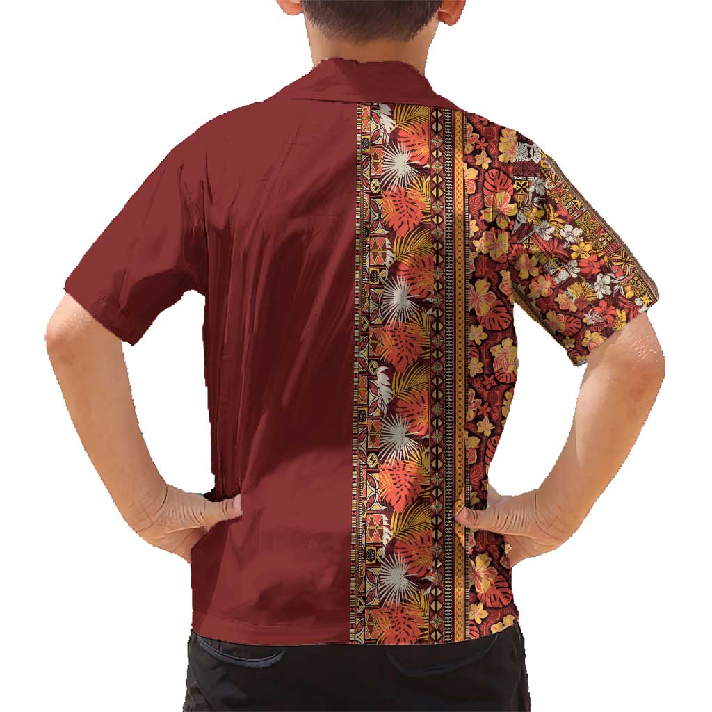 Hawaiian Tribal Elements Hibiscus Family Matching Short Sleeve Bodycon Dress and Hawaiian Shirt Red Pattern - Polynesian Pride
