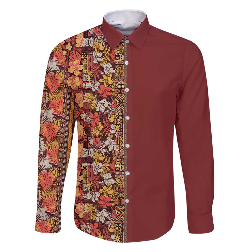 Hawaiian Tribal Elements Hibiscus Family Matching Short Sleeve Bodycon Dress and Hawaiian Shirt Red Pattern - Polynesian Pride