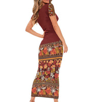 Hawaiian Tribal Elements Hibiscus Family Matching Short Sleeve Bodycon Dress and Hawaiian Shirt Red Pattern - Polynesian Pride