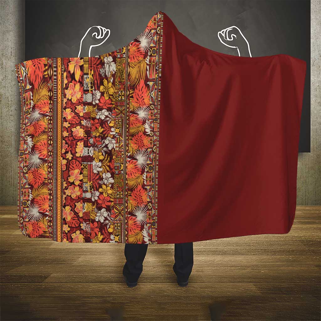 Hawaiian Tribal Elements Hibiscus Hooded Blanket Red Pattern - Polynesian Pride