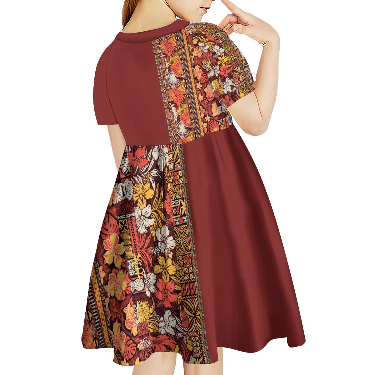 Hawaiian Tribal Elements Hibiscus Kid Short Sleeve Dress Red Pattern - Polynesian Pride