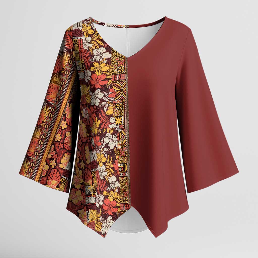 Hawaiian Tribal Elements Hibiscus Kimono Sleeve Blouse Red Pattern LT9 Female Red - Polynesian Pride
