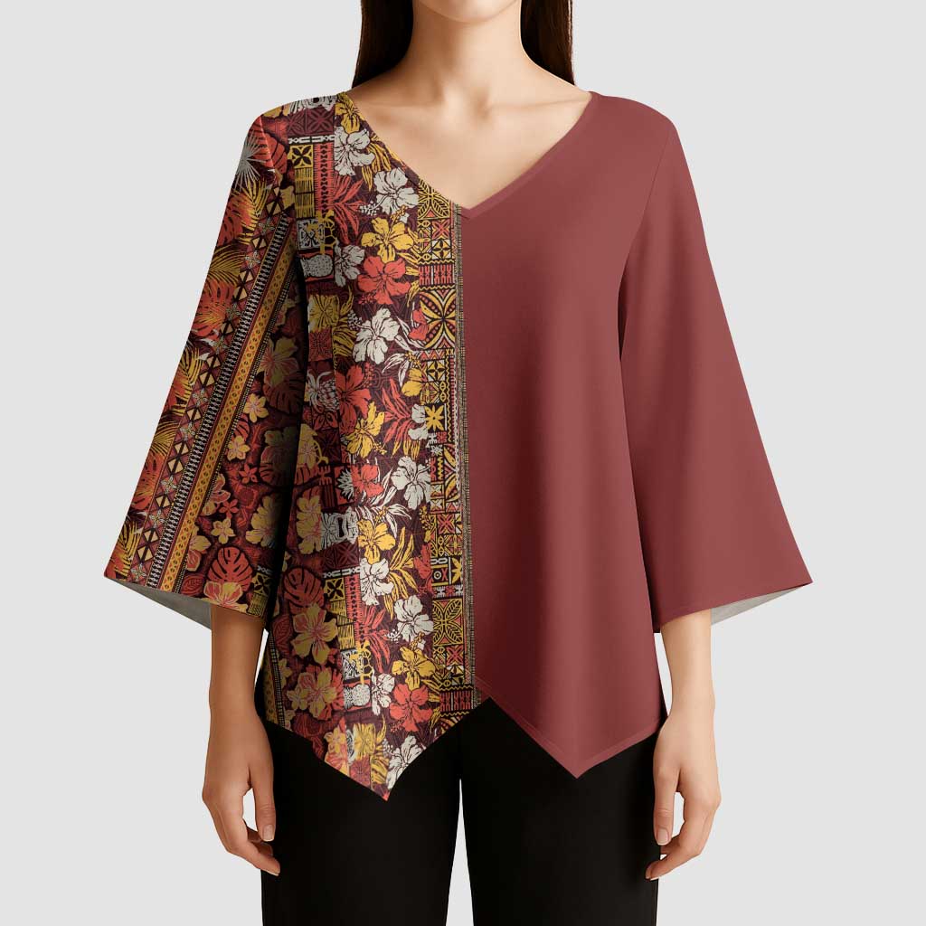 Hawaiian Tribal Elements Hibiscus Kimono Sleeve Blouse Red Pattern - Polynesian Pride