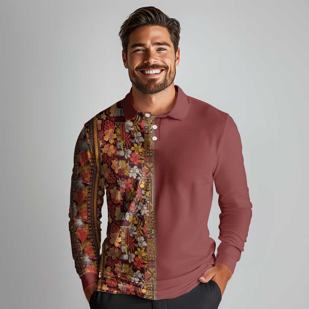 Hawaiian Tribal Elements Hibiscus Long Sleeve Polo Shirt Red Pattern - Polynesian Pride