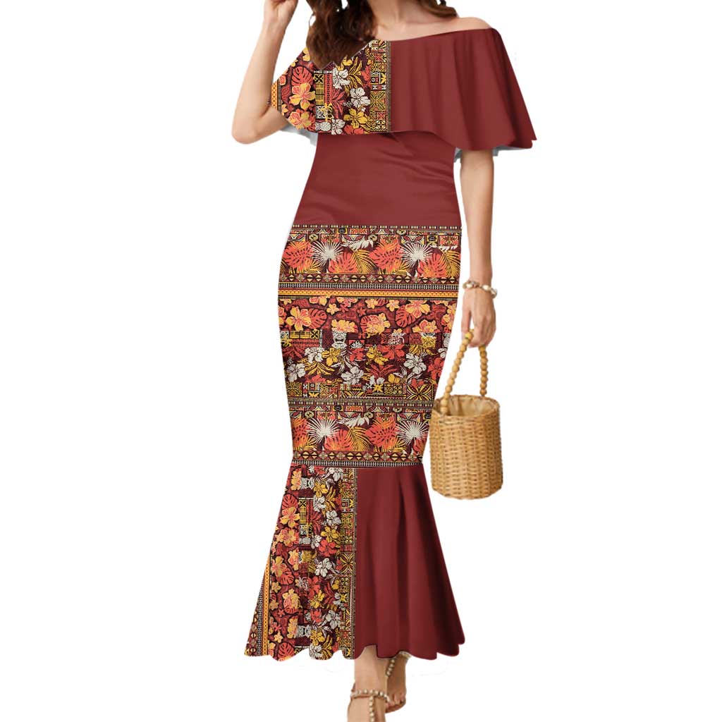 Hawaiian Tribal Elements Hibiscus Mermaid Dress Red Pattern - Polynesian Pride