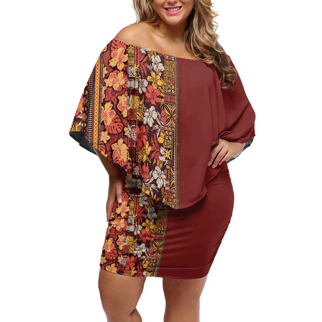Hawaiian Tribal Elements Hibiscus Off Shoulder Short Dress Red Pattern - Polynesian Pride