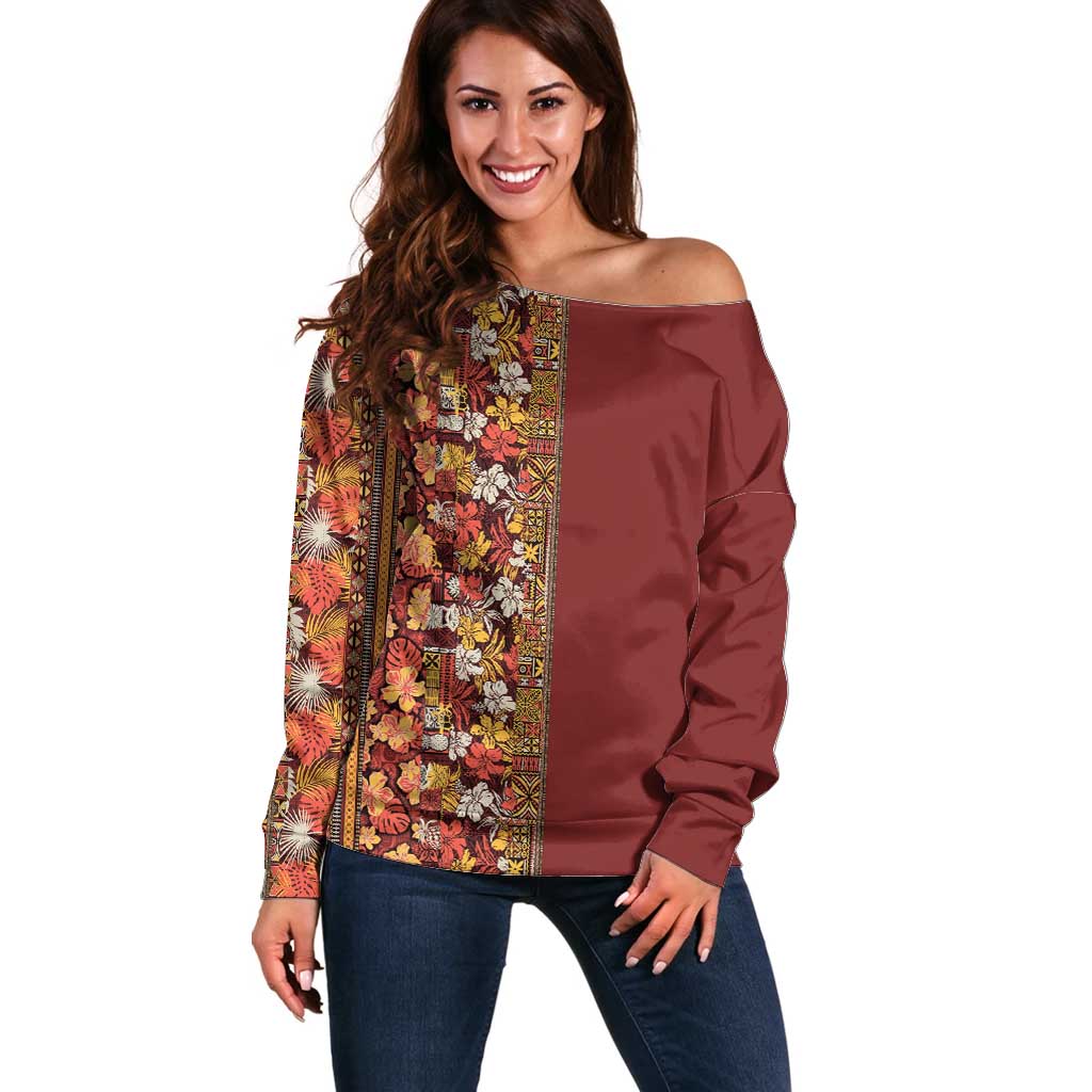Hawaiian Tribal Elements Hibiscus Off Shoulder Sweater Red Pattern - Polynesian Pride