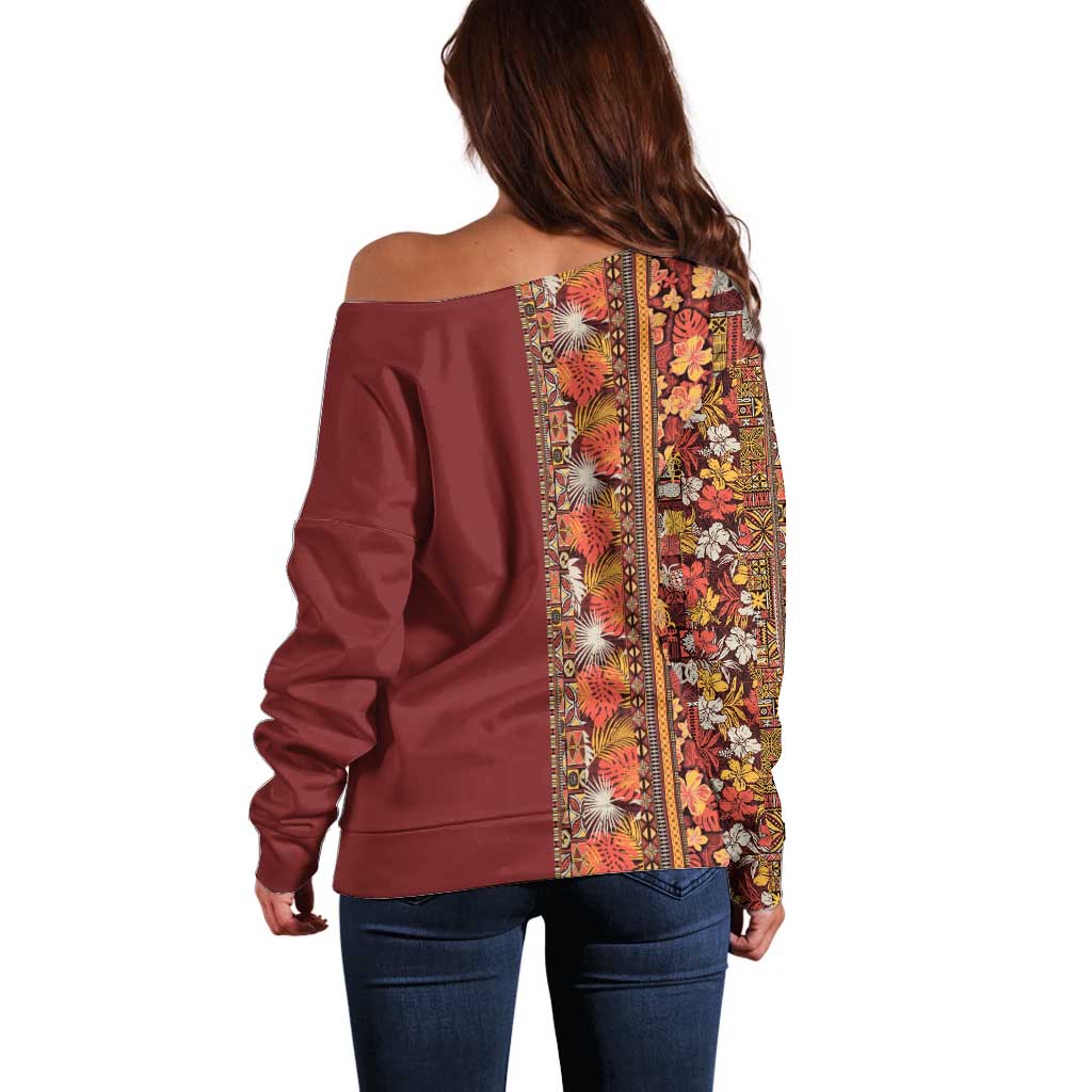 Hawaiian Tribal Elements Hibiscus Off Shoulder Sweater Red Pattern - Polynesian Pride