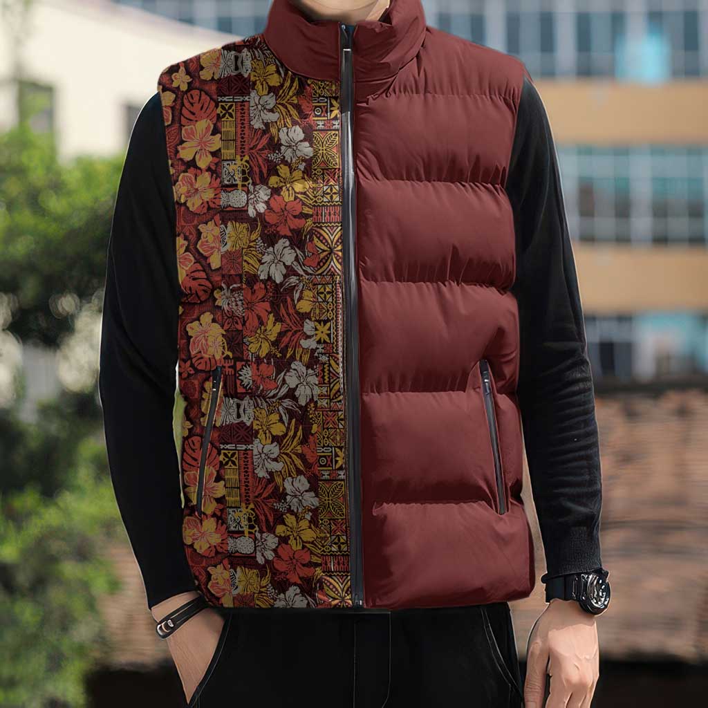 Hawaiian Tribal Elements Hibiscus Sleeveless Puffer Jacket Red Pattern - Polynesian Pride