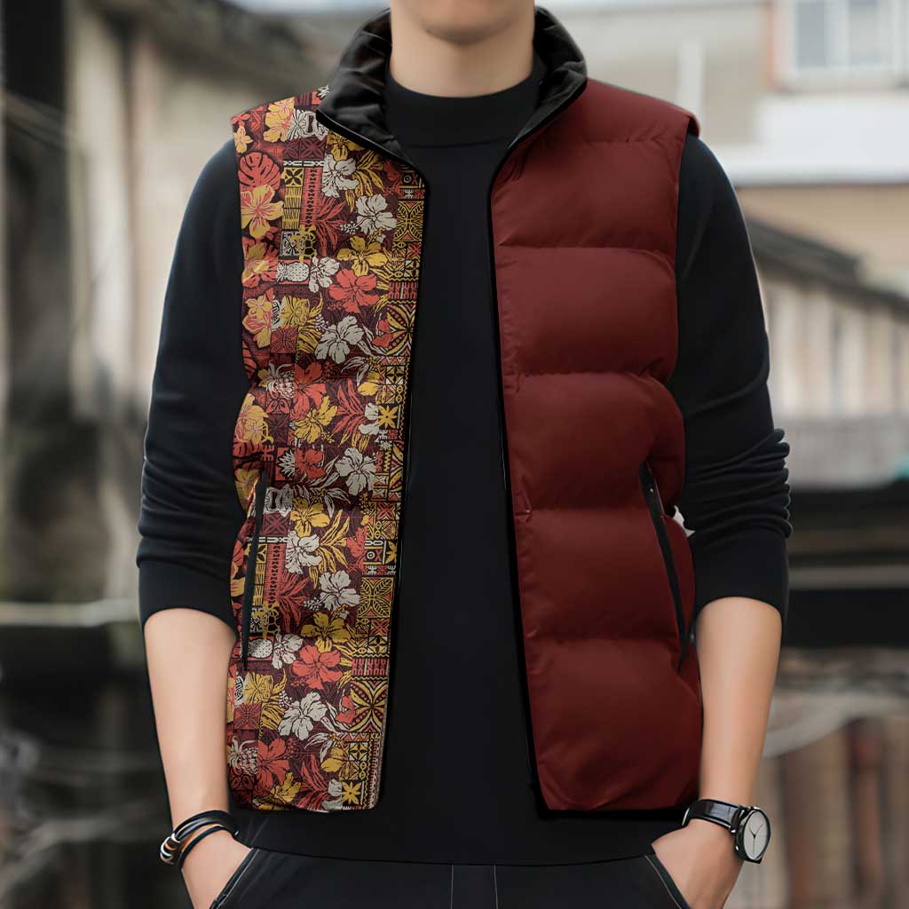 Hawaiian Tribal Elements Hibiscus Sleeveless Puffer Jacket Red Pattern - Polynesian Pride