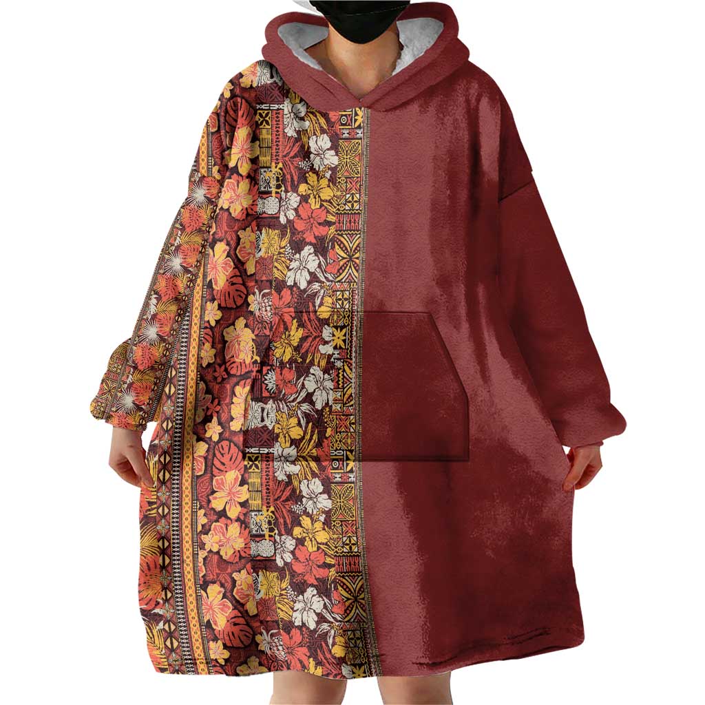 Hawaiian Tribal Elements Hibiscus Wearable Blanket Hoodie Red Pattern - Polynesian Pride