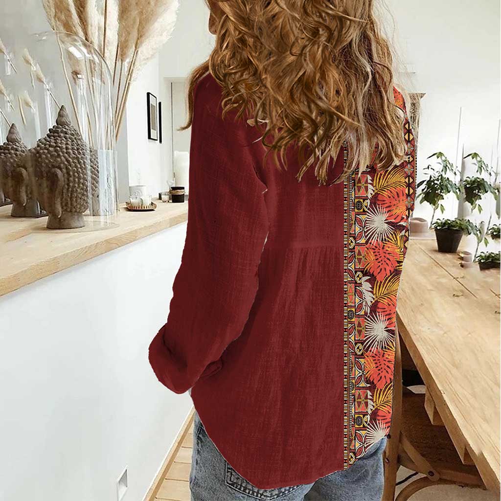Hawaiian Tribal Elements Hibiscus Women Casual Shirt Red Pattern - Polynesian Pride