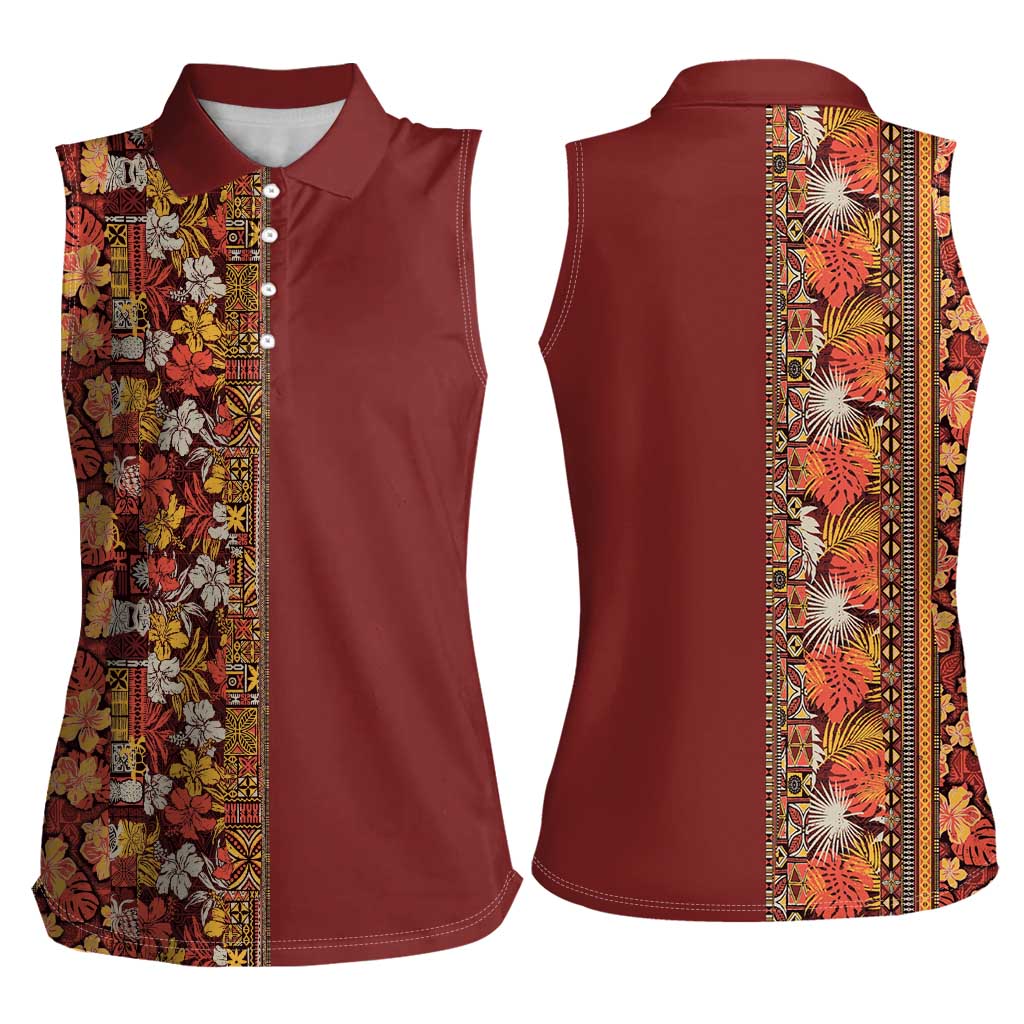 Hawaiian Tribal Elements Hibiscus Women Sleeveless Polo Shirt Red Pattern - Polynesian Pride