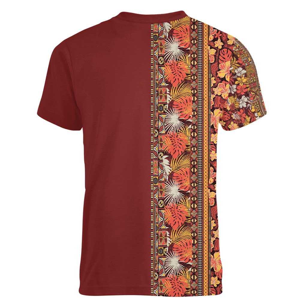 Hawaiian Tribal Elements Hibiscus Women V-Neck T-Shirt Red Pattern - Polynesian Pride
