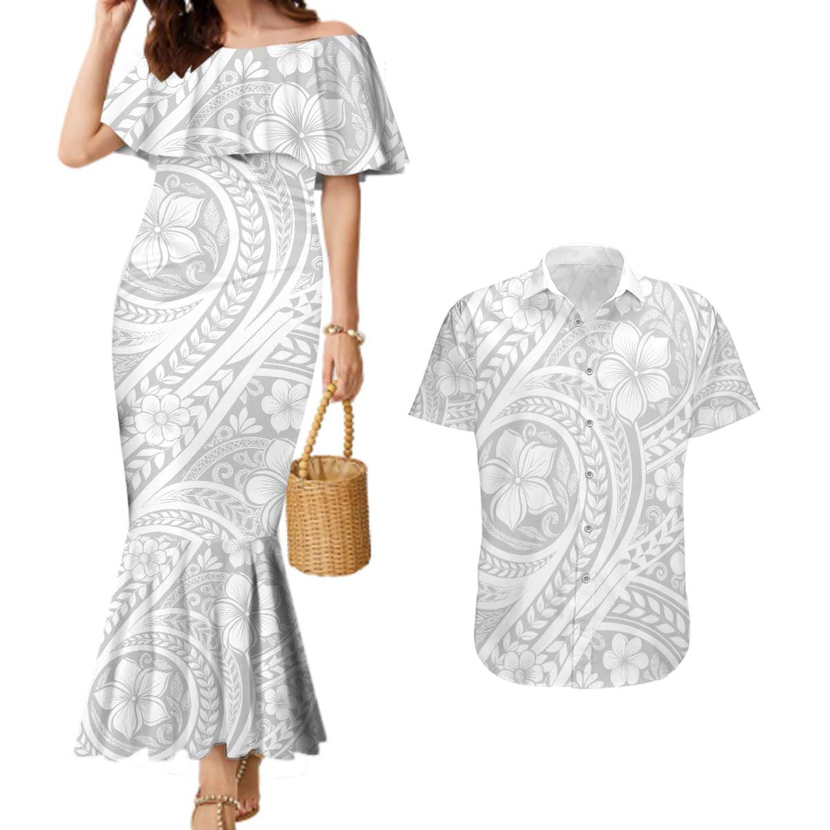Lotu Tamaiti Samoan Polynesian Tribal Couples Matching Mermaid Dress and Hawaiian Shirt LT9 White - Polynesian Pride