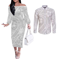 Lotu Tamaiti Samoan Polynesian Tribal Couples Matching Off The Shoulder Long Sleeve Dress and Long Sleeve Button Shirt LT9 White - Polynesian Pride
