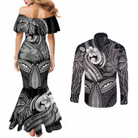 Polynesia Couples Matching Mermaid Dress and Long Sleeve Button Shirts Whale Tale and Polynesian Sunset Plumeria Black LT9 - Polynesian Pride