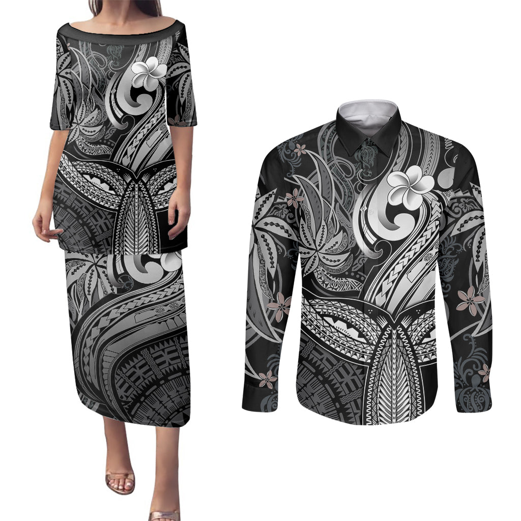 Polynesia Couples Matching Puletasi Dress and Long Sleeve Button Shirts Whale Tale and Polynesian Sunset Plumeria Black LT9 Black - Polynesian Pride