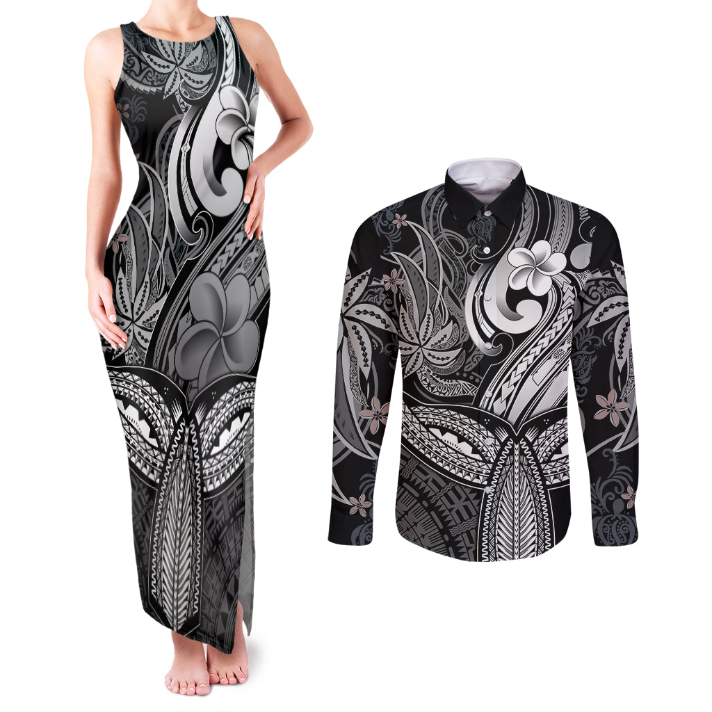 Polynesia Couples Matching Tank Maxi Dress and Long Sleeve Button Shirts Whale Tale and Polynesian Sunset Plumeria Black LT9 Black - Polynesian Pride