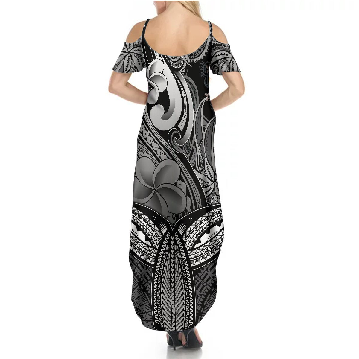 Polynesia Summer Maxi Dress Whale Tale and Polynesian Sunset Plumeria Black LT9 - Polynesian Pride