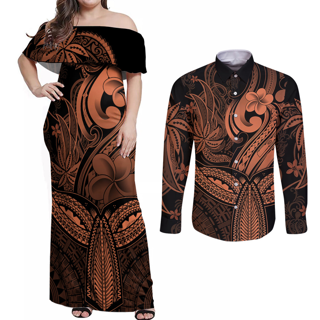 Polynesia Couples Matching Off Shoulder Maxi Dress and Long Sleeve Button Shirts Whale Tale and Polynesian Sunset Plumeria Gold LT9 Gold - Polynesian Pride