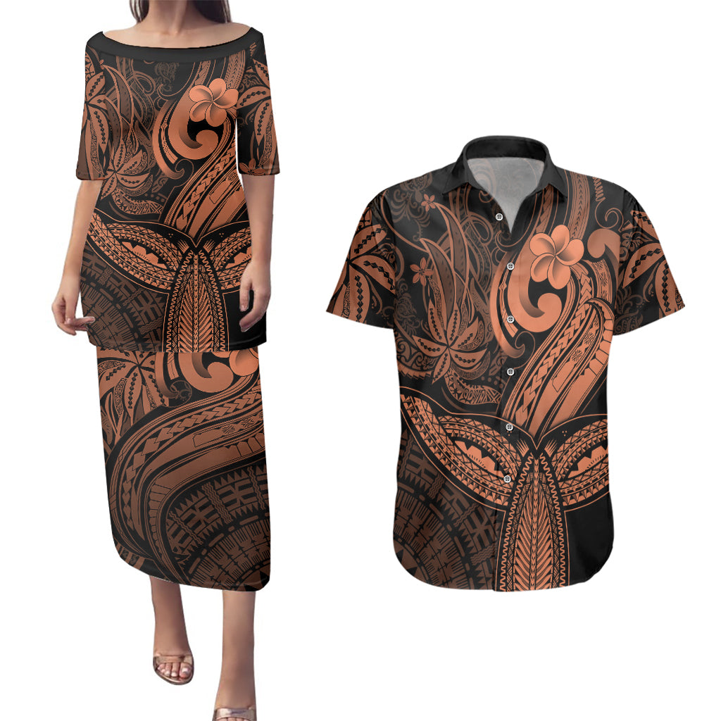 Polynesia Couples Matching Puletasi Dress and Hawaiian Shirt Whale Tale and Polynesian Sunset Plumeria Gold LT9 Gold - Polynesian Pride