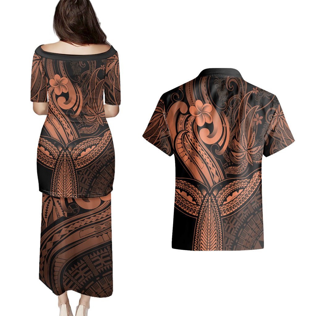 Polynesia Couples Matching Puletasi Dress and Hawaiian Shirt Whale Tale and Polynesian Sunset Plumeria Gold LT9 - Polynesian Pride