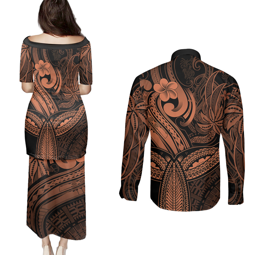Polynesia Couples Matching Puletasi Dress and Long Sleeve Button Shirts Whale Tale and Polynesian Sunset Plumeria Gold LT9 - Polynesian Pride