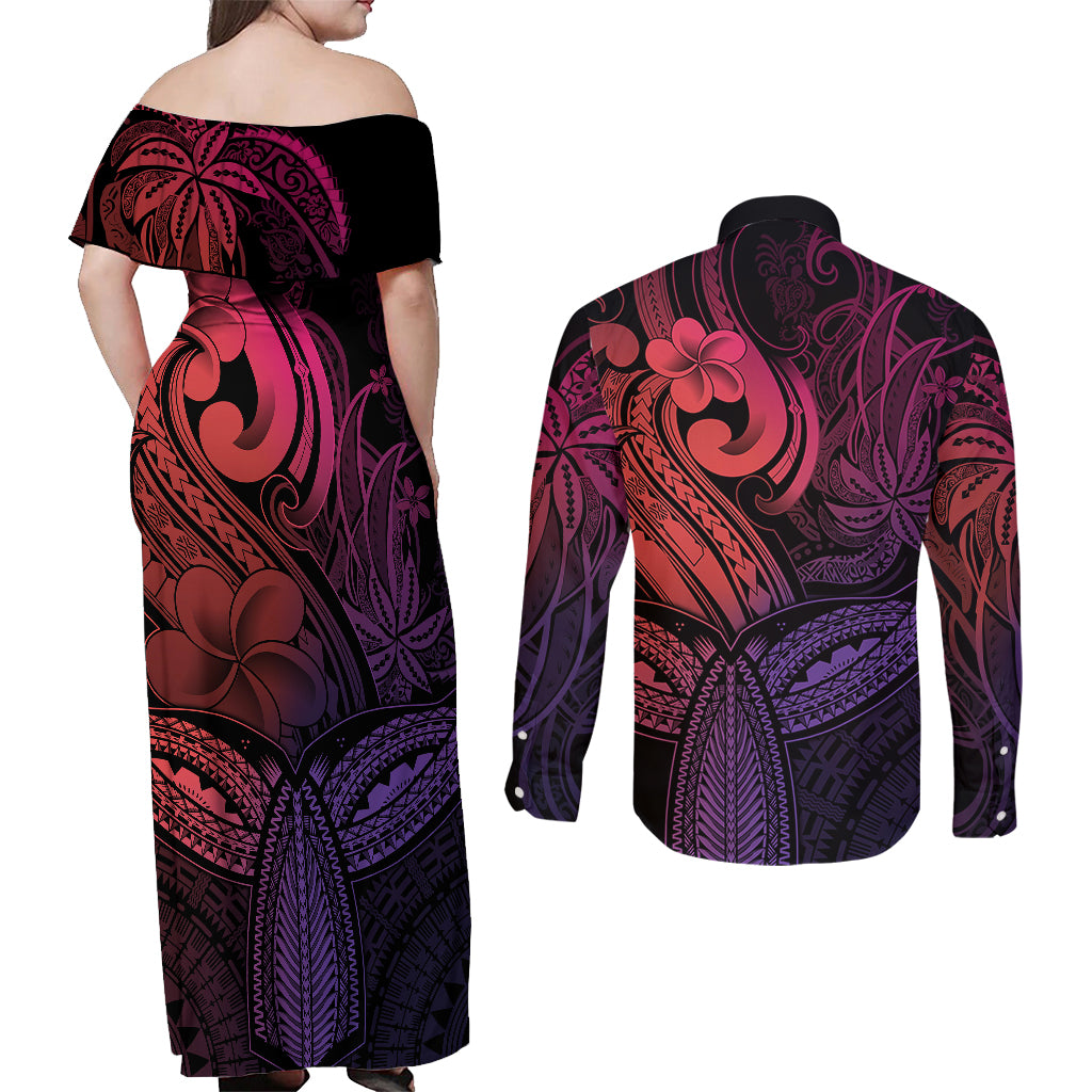 Polynesia Couples Matching Off Shoulder Maxi Dress and Long Sleeve Button Shirts Whale Tale and Polynesian Sunset Plumeria Pink LT9 - Polynesian Pride