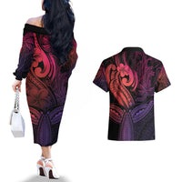 Polynesia Couples Matching Off The Shoulder Long Sleeve Dress and Hawaiian Shirt Whale Tale and Polynesian Sunset Plumeria Pink LT9 - Polynesian Pride