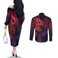 Polynesia Couples Matching Off The Shoulder Long Sleeve Dress and Long Sleeve Button Shirts Whale Tale and Polynesian Sunset Plumeria Pink LT9 - Polynesian Pride