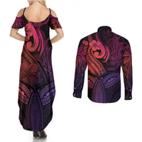 Polynesia Couples Matching Summer Maxi Dress and Long Sleeve Button Shirts Whale Tale and Polynesian Sunset Plumeria Pink LT9 - Polynesian Pride