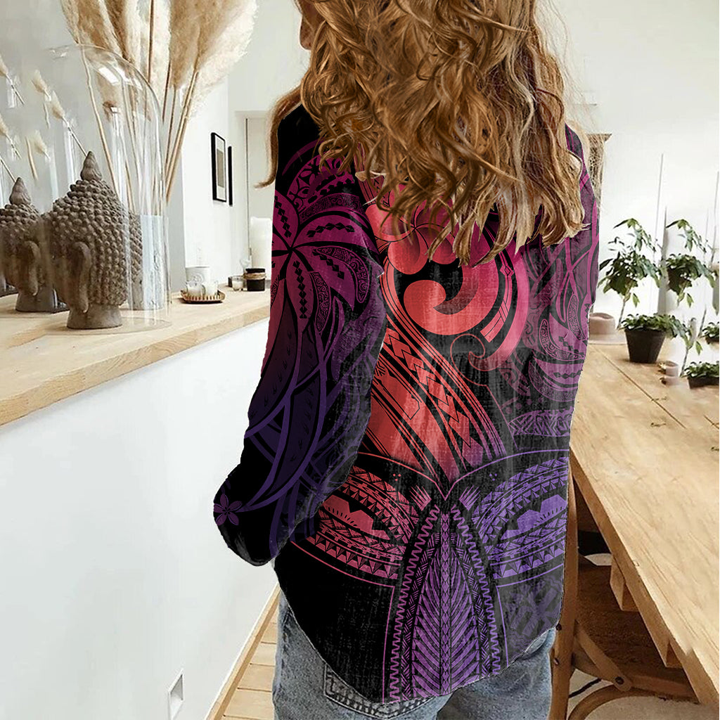 Polynesia Women Casual Shirt Whale Tale and Polynesian Sunset Plumeria Pink LT9 - Polynesian Pride