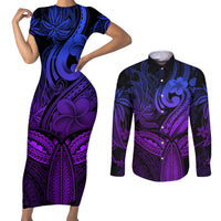 Polynesia Couples Matching Short Sleeve Bodycon Dress and Long Sleeve Button Shirts Whale Tale and Polynesian Sunset Plumeria Purple LT9 Purple - Polynesian Pride