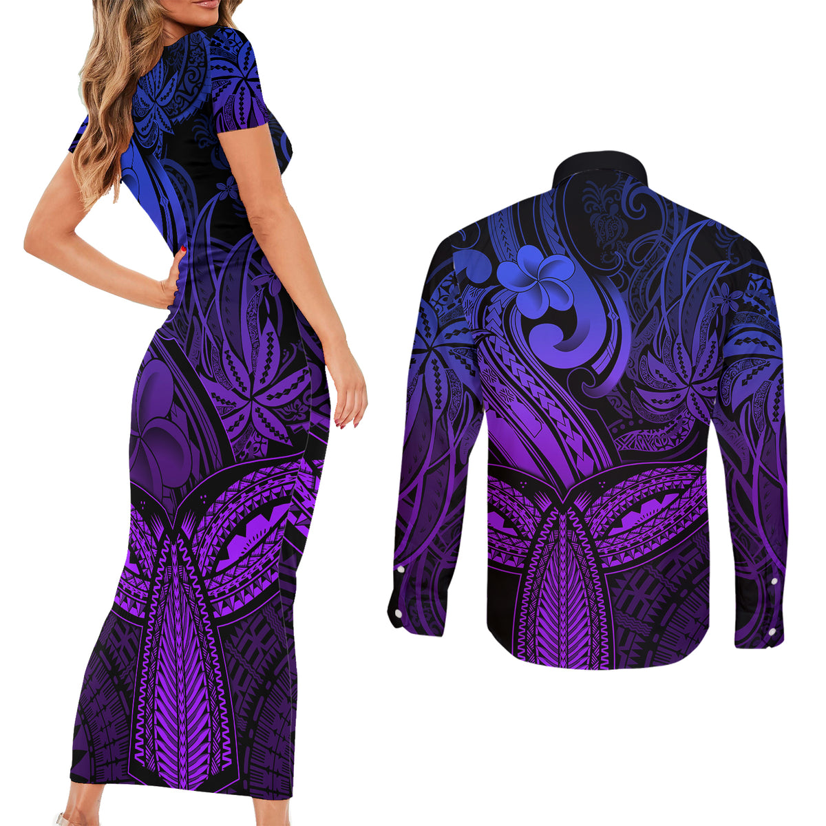 Polynesia Couples Matching Short Sleeve Bodycon Dress and Long Sleeve Button Shirts Whale Tale and Polynesian Sunset Plumeria Purple LT9 - Polynesian Pride