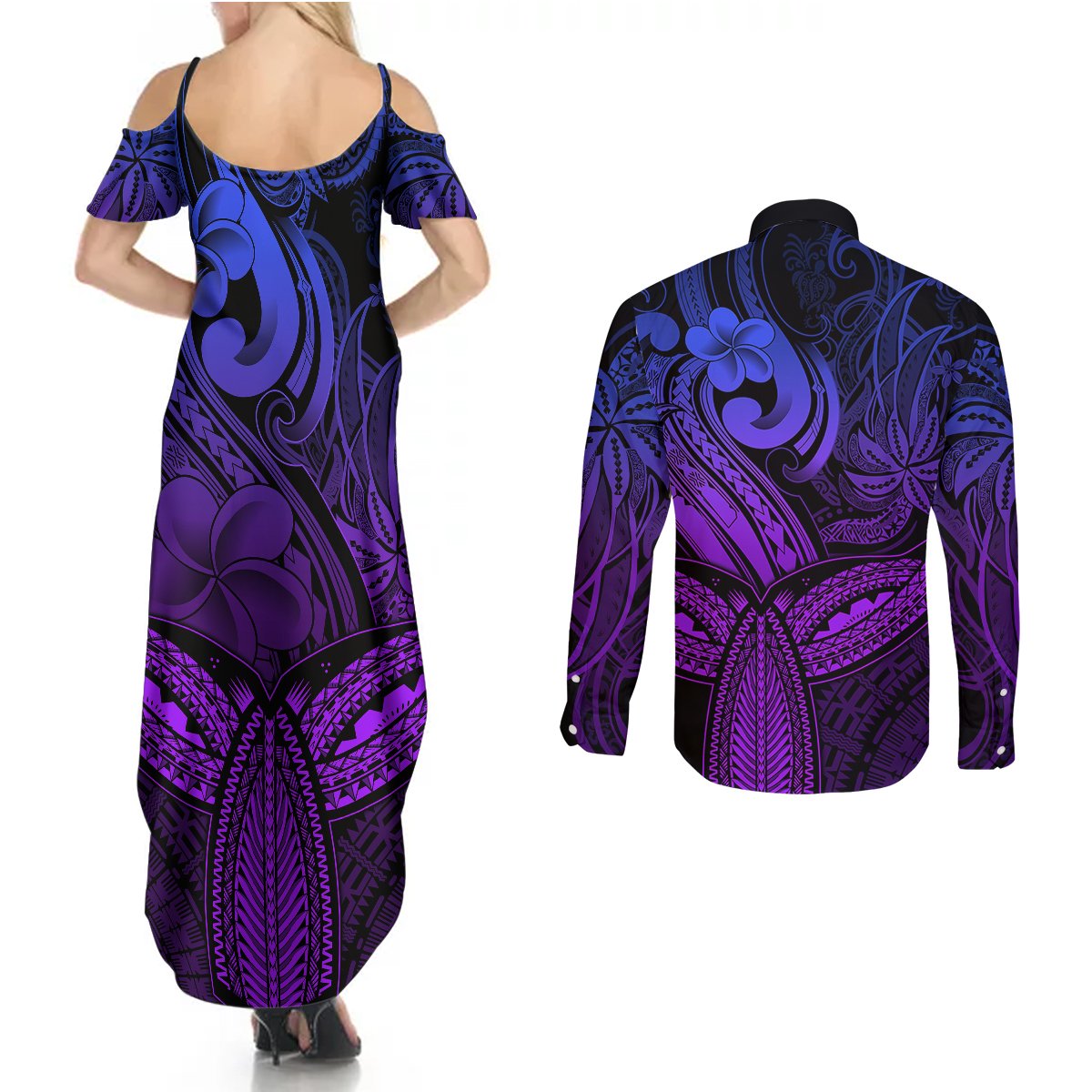 Polynesia Couples Matching Summer Maxi Dress and Long Sleeve Button Shirts Whale Tale and Polynesian Sunset Plumeria Purple LT9 - Polynesian Pride