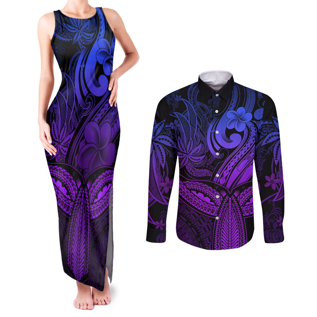 Polynesia Couples Matching Tank Maxi Dress and Long Sleeve Button Shirts Whale Tale and Polynesian Sunset Plumeria Purple LT9 Purple - Polynesian Pride