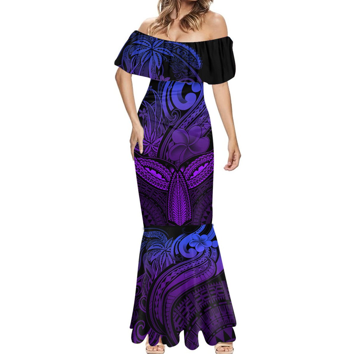 Polynesia Mermaid Dress Whale Tale and Polynesian Sunset Plumeria Purple LT9 - Polynesian Pride