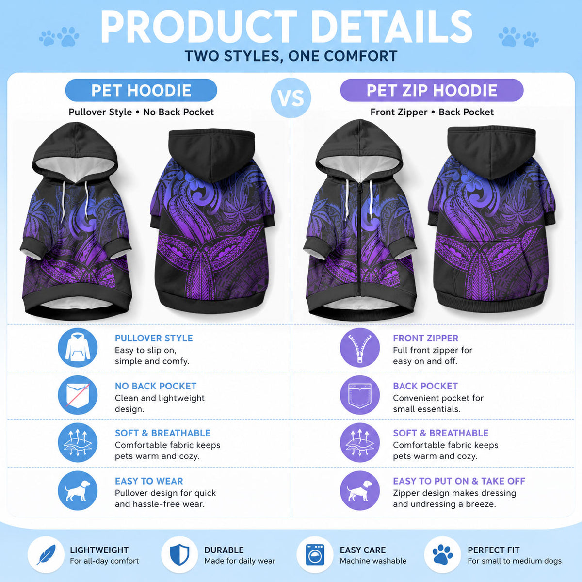 Whale Tale and Polynesian Sunset Plumeria Purple Pet Hoodie LT9 - Polynesian Pride