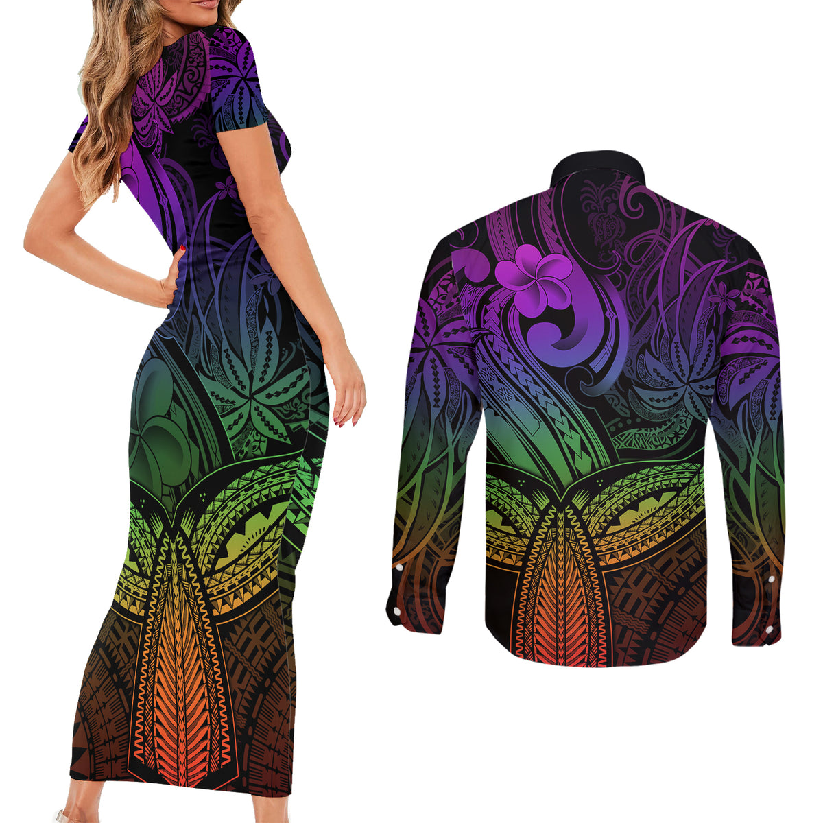 Polynesia Couples Matching Short Sleeve Bodycon Dress and Long Sleeve Button Shirts Whale Tale and Polynesian Sunset Plumeria Rainbow LT9 - Polynesian Pride