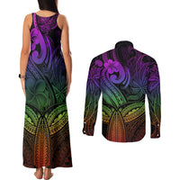 Polynesia Couples Matching Tank Maxi Dress and Long Sleeve Button Shirts Whale Tale and Polynesian Sunset Plumeria Rainbow LT9 - Polynesian Pride