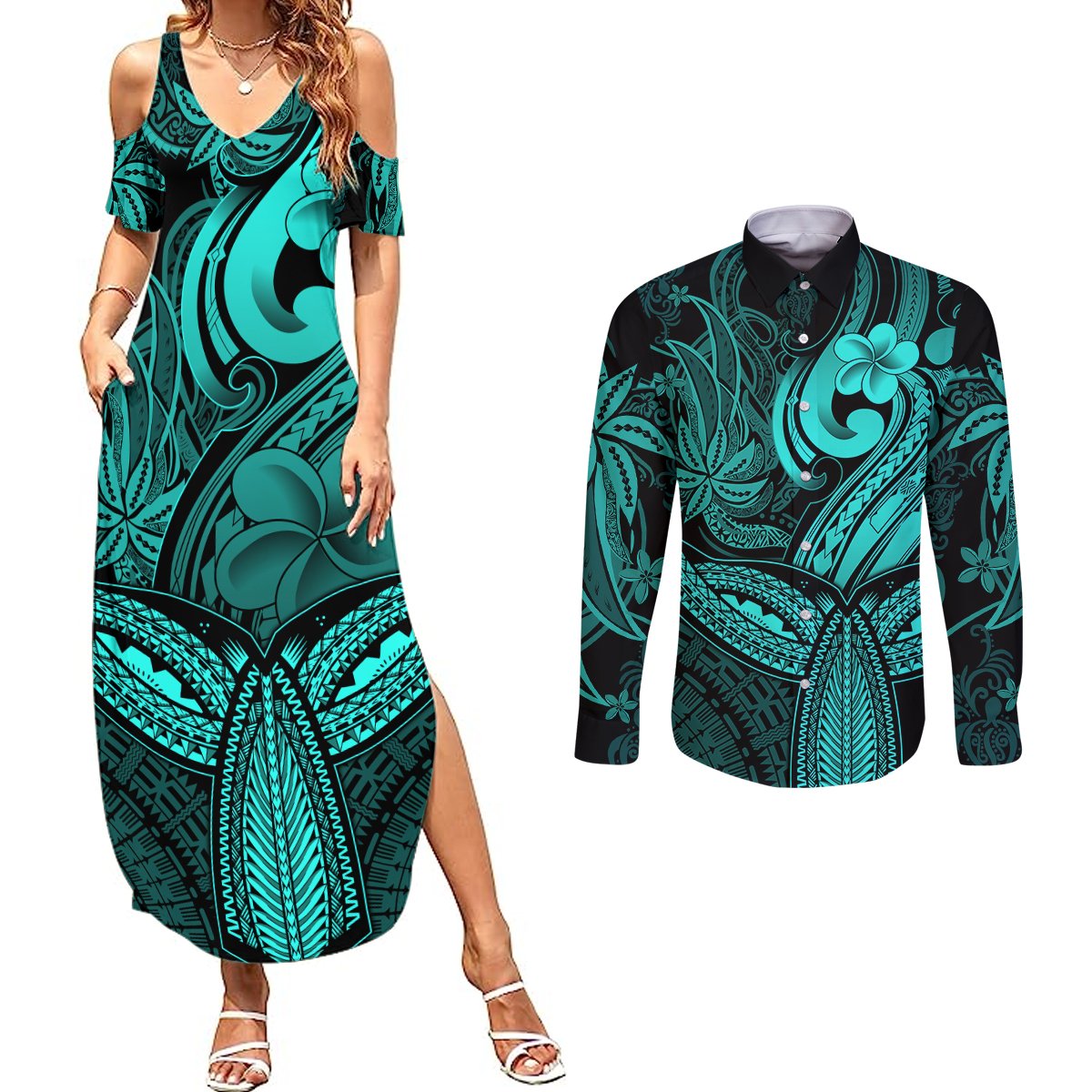 Polynesia Couples Matching Summer Maxi Dress and Long Sleeve Button Shirts Whale Tale and Polynesian Sunset Plumeria Turquoise LT9 Turquoise - Polynesian Pride